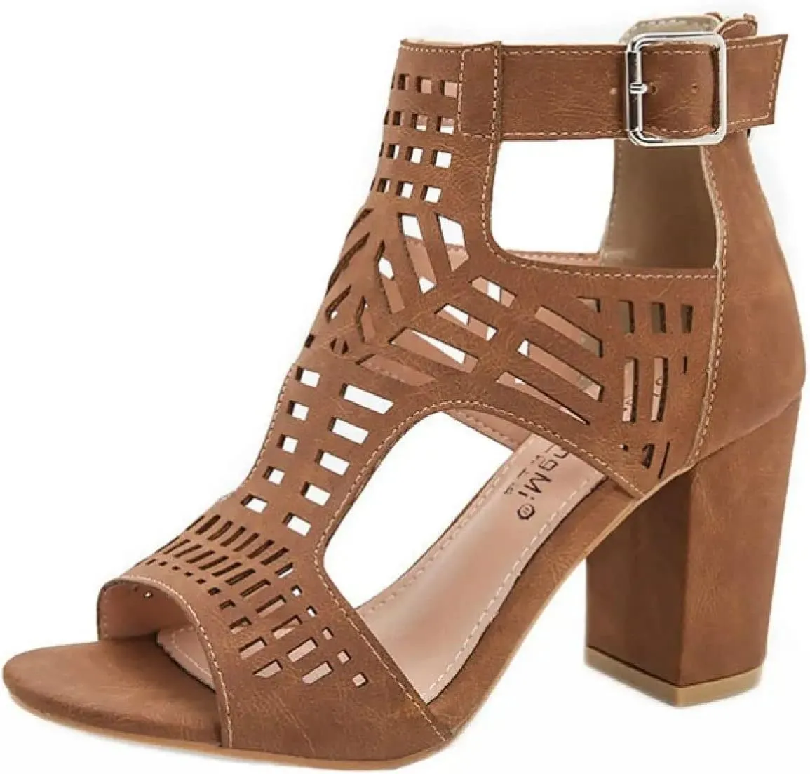 BORAMAX Chunky Heeled Sandals for Women Cutout Strappy Peep Toe Block Heels Buckle up Party Dressy Sandal Women Booties