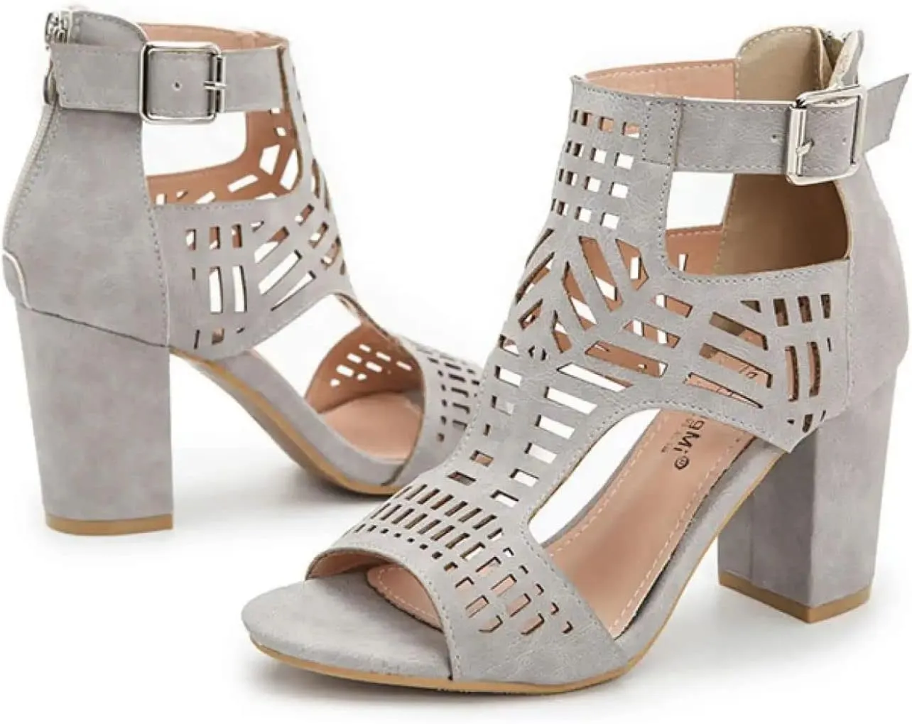 BORAMAX Chunky Heeled Sandals for Women Cutout Strappy Peep Toe Block Heels Buckle up Party Dressy Sandal Women Booties