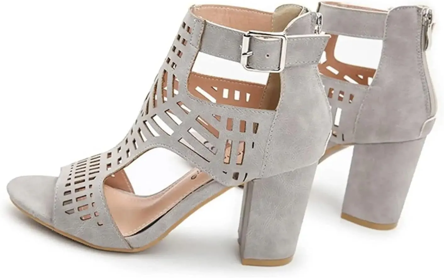 BORAMAX Chunky Heeled Sandals for Women Cutout Strappy Peep Toe Block Heels Buckle up Party Dressy Sandal Women Booties