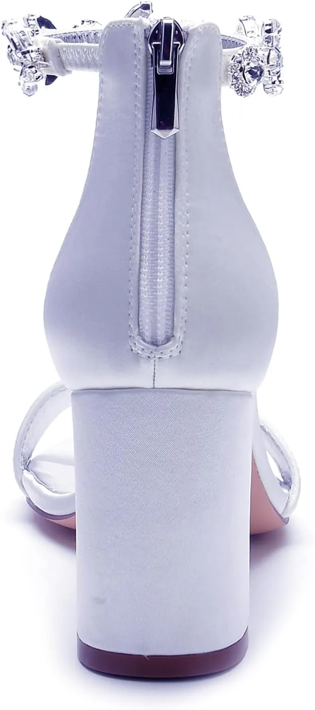 Bridal Shoes High Heels Open Toe Wedding Pumps Ankle Strap Crystal Brid Sandals Zipper Back Block Evening Party Dress Bridesmaids