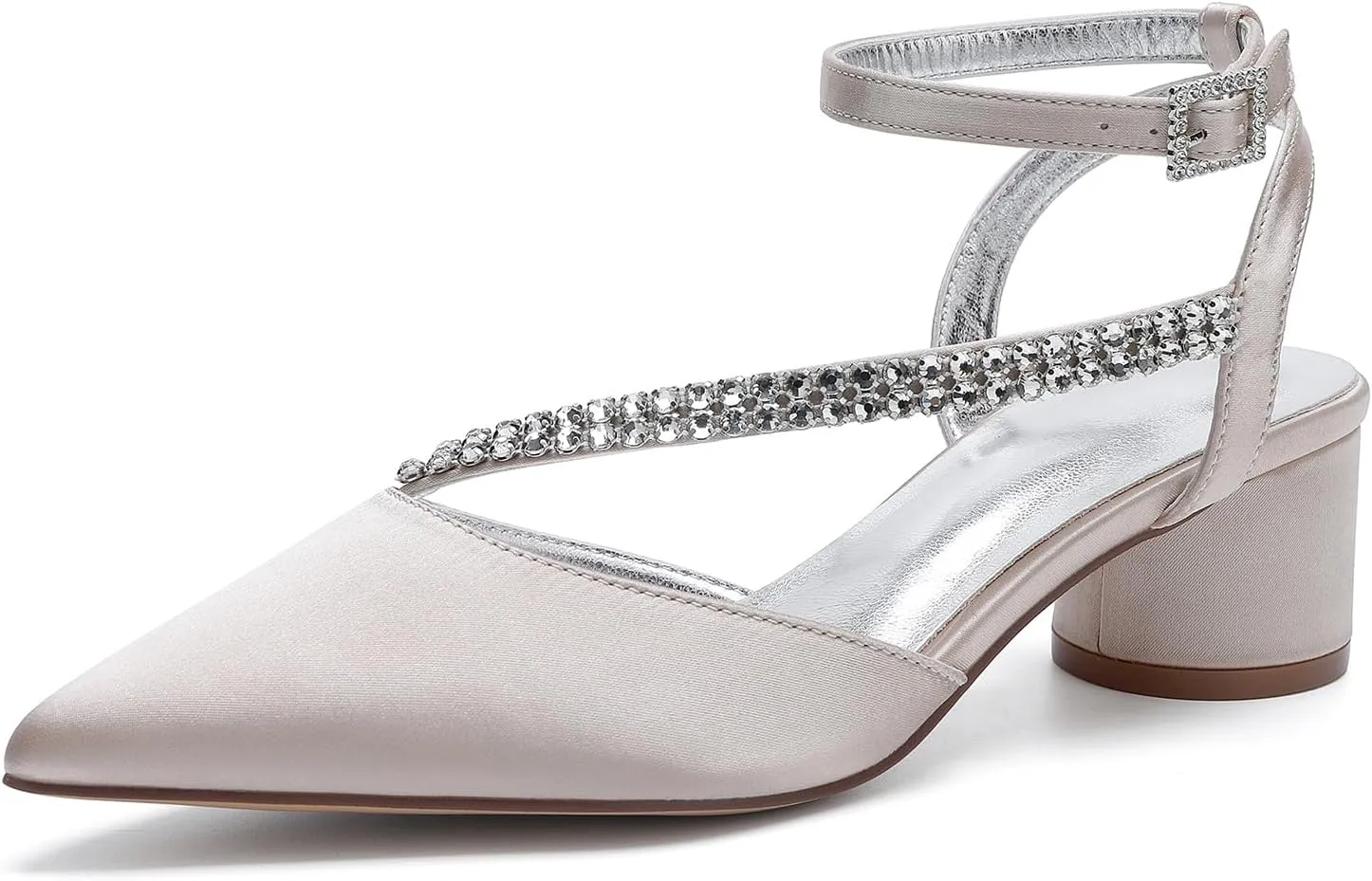 Bridal Shoes Low Heel Rhinestones Satin Strappy Wedding Shoes 4.5CM Pointed Closed Toe Women Party Ankle Strap Sandals Pumps for Prom,Champagne,6