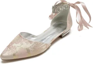 Bride Pump Women Low Heel Sandals Wedding Shoes Flat Heel Closed Pointed Toe Bridal Shoes Comfortable Ankle Strap Bowknot Floral Ballet,Pink,8.5