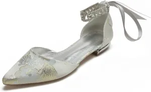 Bride Pump Women Low Heel Sandals Wedding Shoes Flat Heel Closed Pointed Toe Bridal Shoes Comfortable Ankle Strap Bowknot Floral Ballet,Silver,8
