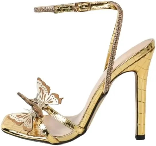 Butterfly Stiletto Heels for Women Stylish Ankle Strap Stiletto Sandals Sparkly Rhinestone Square Toe High Sandals