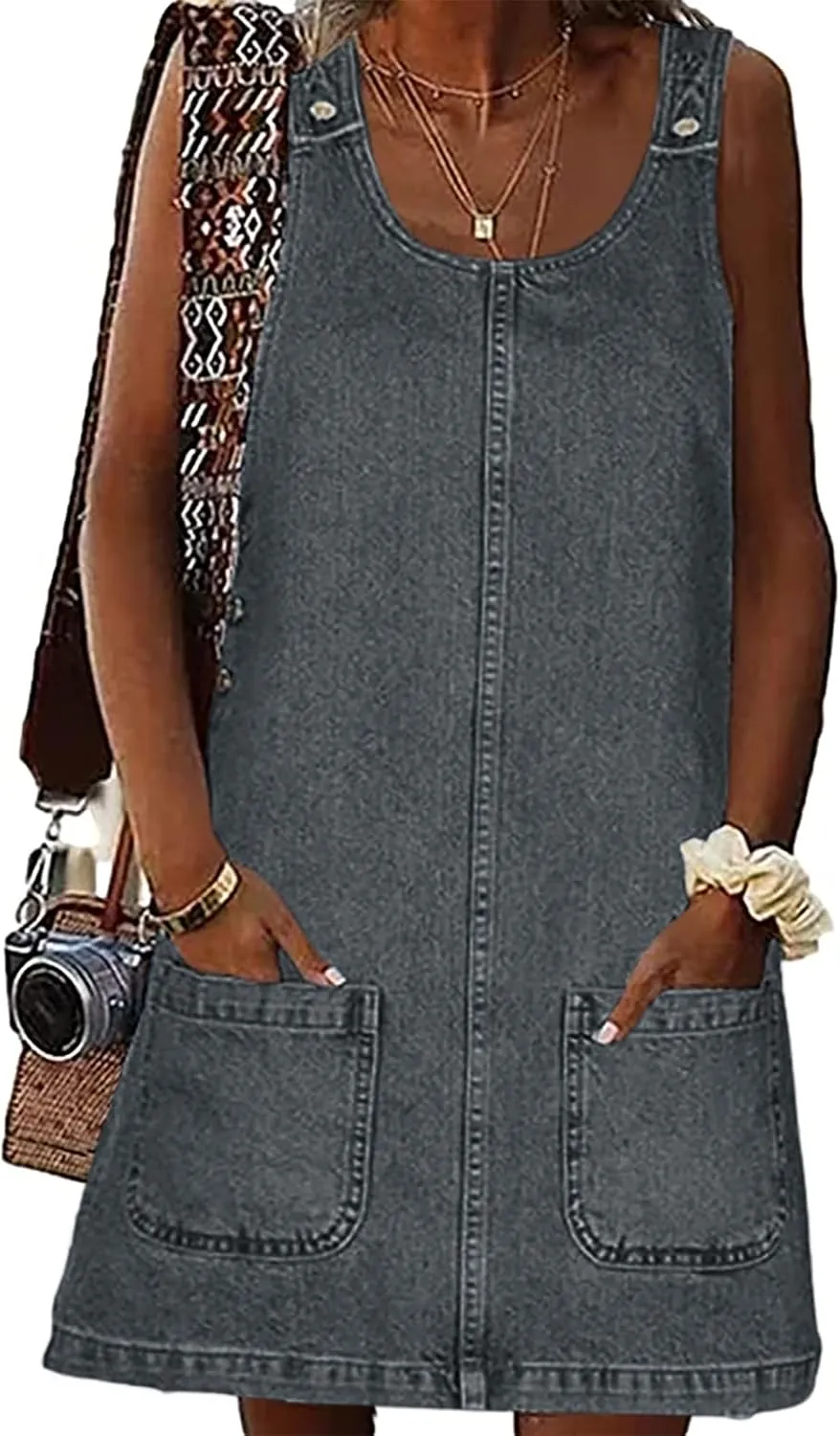 BZB Women's Sleeveless Casual Denim Dress Crewneck Vintage Loose Jean Overall Dress with Pockets