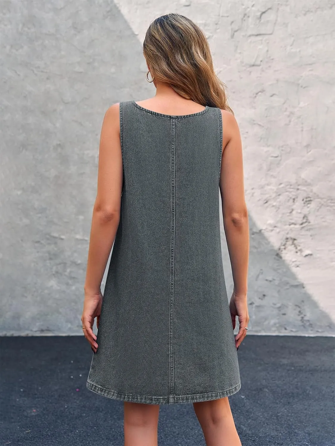 BZB Women's Sleeveless Casual Denim Dress Crewneck Vintage Loose Jean Overall Dress with Pockets