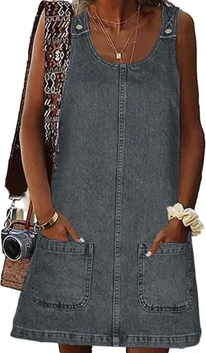 BZB Women's Sleeveless Casual Denim Dress Crewneck Vintage Loose Jean Overall Dress with Pockets