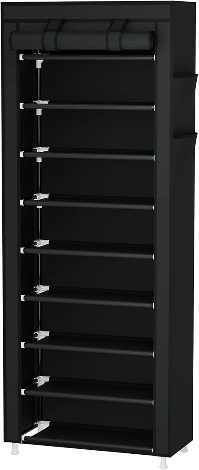 Calmootey 9 Tier Shoe Rack Organizer,Portable Shoe Shelf with Nonwoven Fabric Cover for Closet Hallway,Bedroom,Entryway,Black