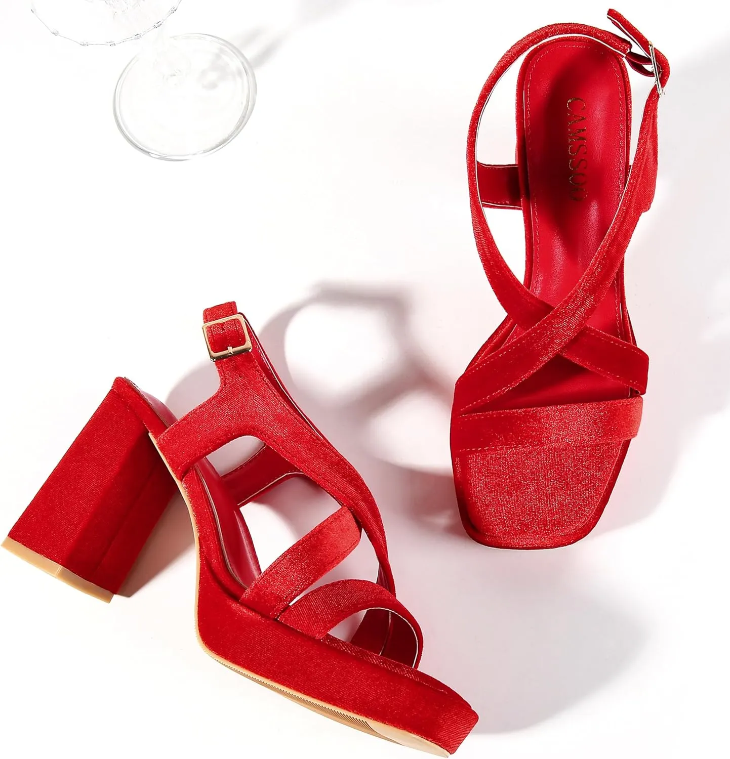 CAMSSOO Platform Heels Crisscross Strappy Platform Heels for Women Chunky Platform Sandals Open Square Toe Ankle Strap 3.74 IN High Heeled Sandals Dress Shoes