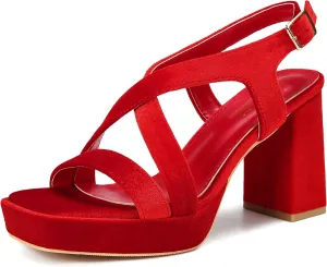 CAMSSOO Platform Heels Crisscross Strappy Platform Heels for Women Chunky Platform Sandals Open Square Toe Ankle Strap 3.74 IN High Heeled Sandals Dress Shoes