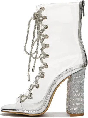 Cape Robbin Lookey Clear Lace Up Rhinestone Ankle Boots (Lookey)