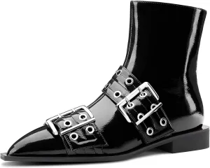 Castamere Low Heel Close Pointed Toe Buckle Ankle Boots for Women Side Zipper Design Fashion Dress Short Bootie