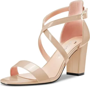 Castamere Women High Chunky Block Heel Peep Open Toe Cross-Strap Sandals Wedding Party 3.3 Inches Heels