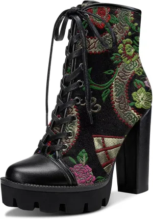 Castamere Womens High Heel Platform Lace Up Booties Chunky Heel Ankle Boots With Zipper Round Toe 12CM Heels