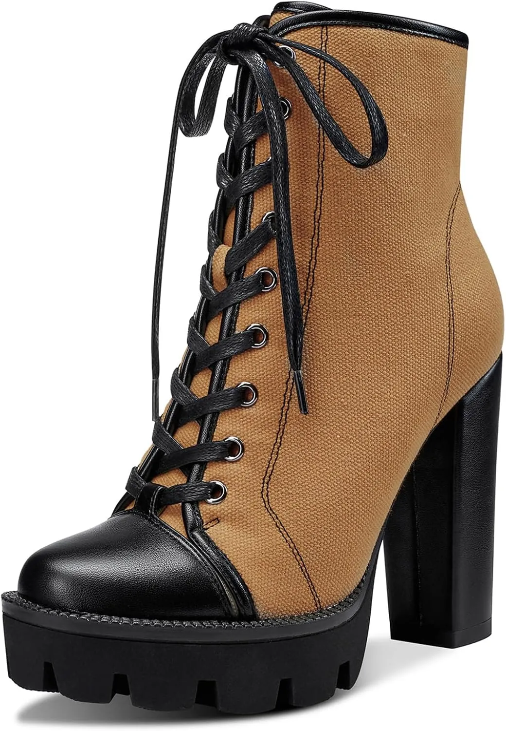 Castamere Womens High Heel Platform Lace Up Booties Chunky Heel Ankle Boots With Zipper Round Toe 12CM Heels