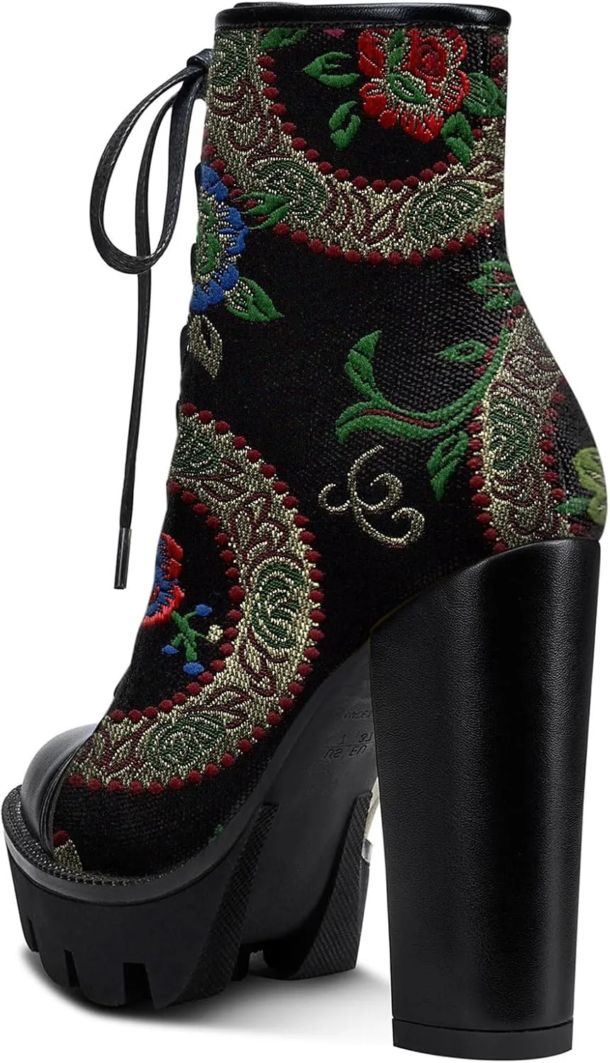 Castamere Womens High Heel Platform Lace Up Booties Chunky Heel Ankle Boots With Zipper Round Toe 12CM Heels