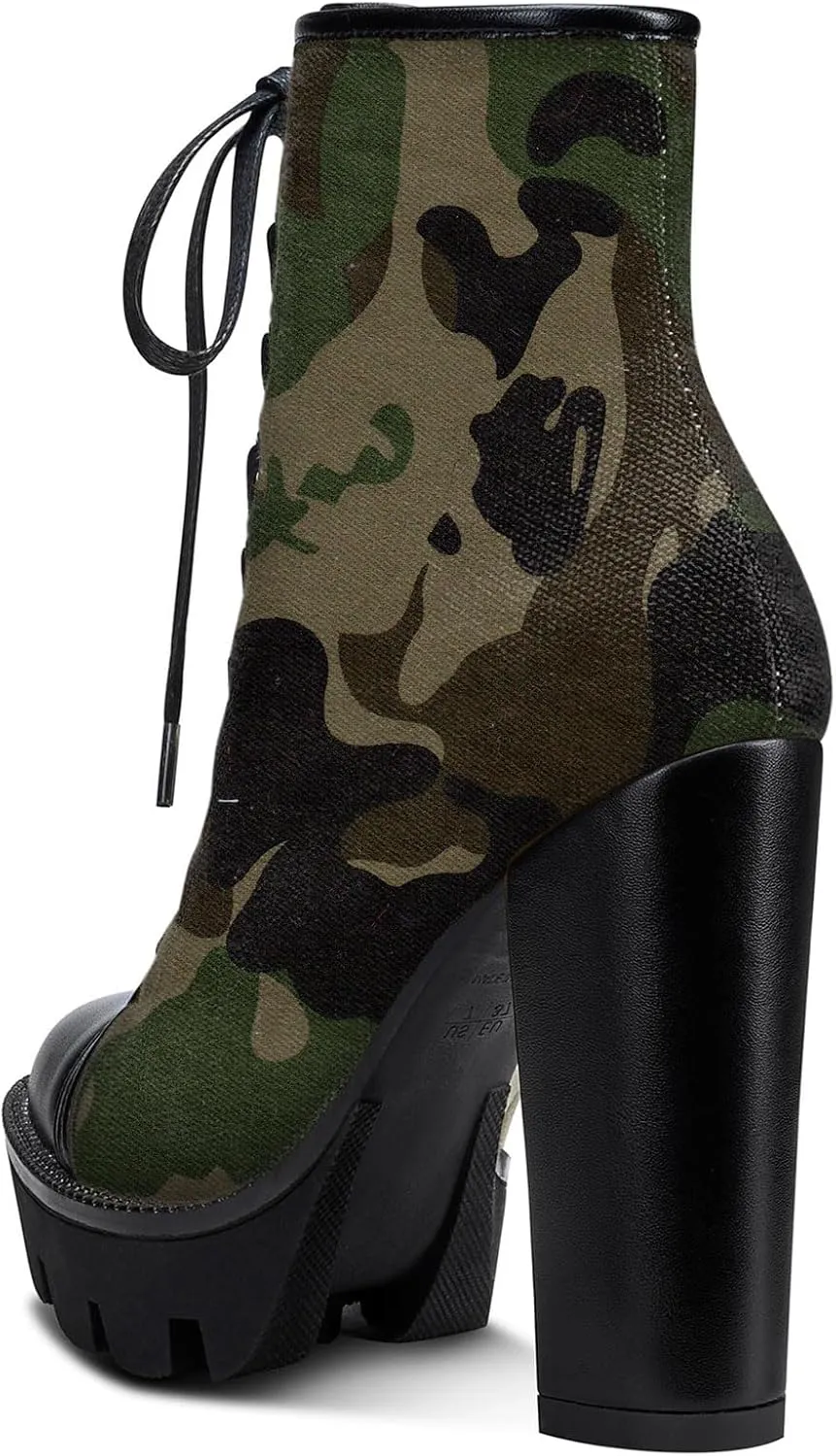 Castamere Womens High Heel Platform Lace Up Booties Chunky Heel Ankle Boots With Zipper Round Toe 12CM Heels