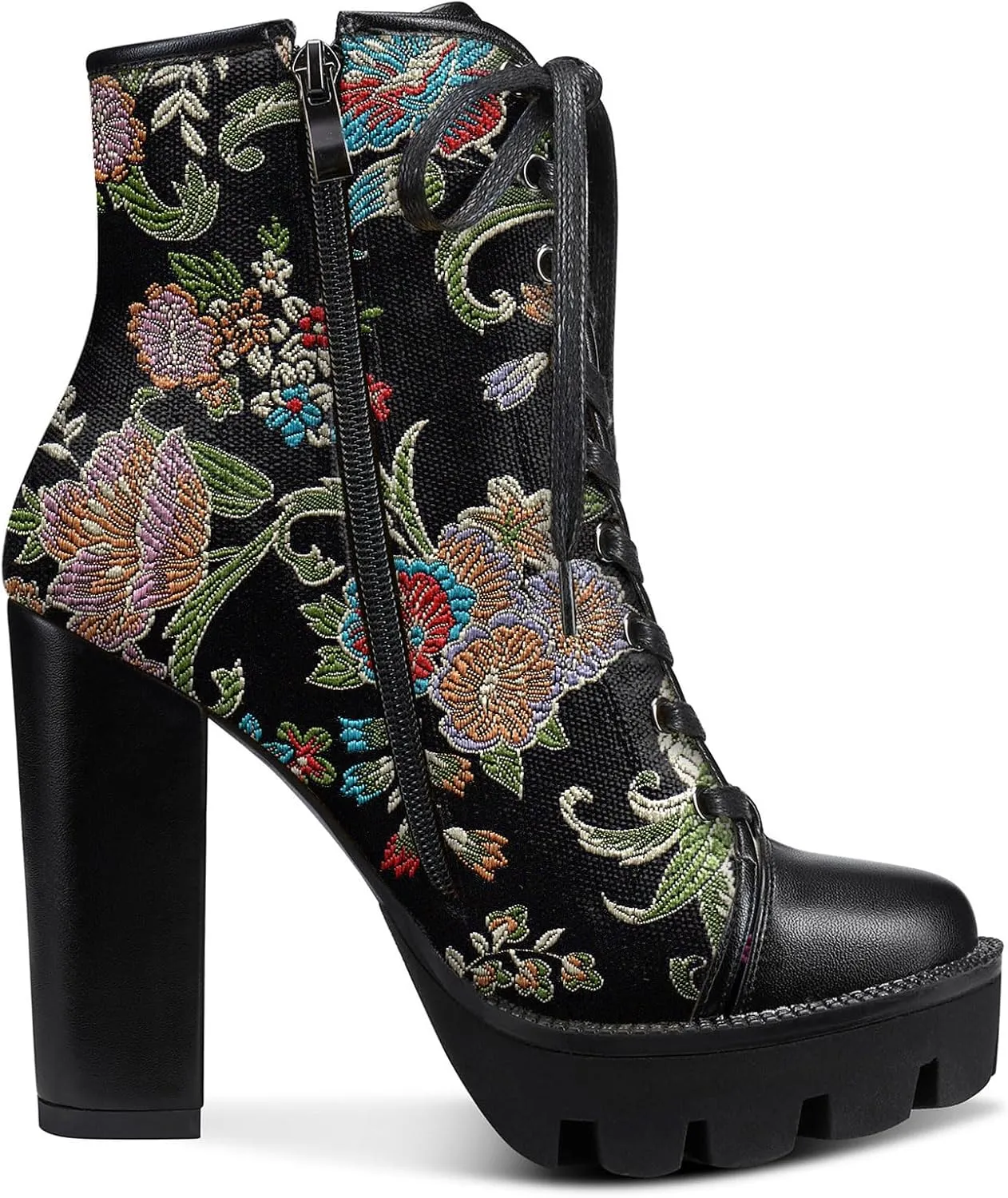 Castamere Womens High Heel Platform Lace Up Booties Chunky Heel Ankle Boots With Zipper Round Toe 12CM Heels