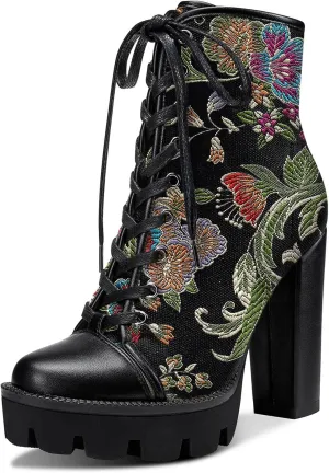 Castamere Womens High Heel Platform Lace Up Booties Chunky Heel Ankle Boots With Zipper Round Toe 12CM Heels