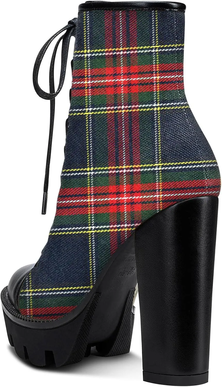 Castamere Womens High Heel Platform Lace Up Booties Chunky Heel Ankle Boots With Zipper Round Toe 12CM Heels