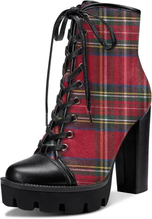 Castamere Womens High Heel Platform Lace Up Booties Chunky Heel Ankle Boots With Zipper Round Toe 12CM Heels