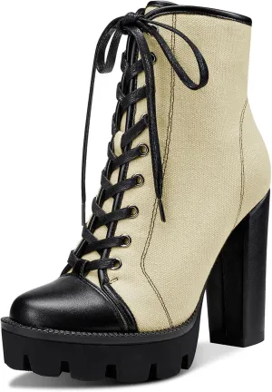 Castamere Womens High Heel Platform Lace Up Booties Chunky Heel Ankle Boots With Zipper Round Toe 12CM Heels