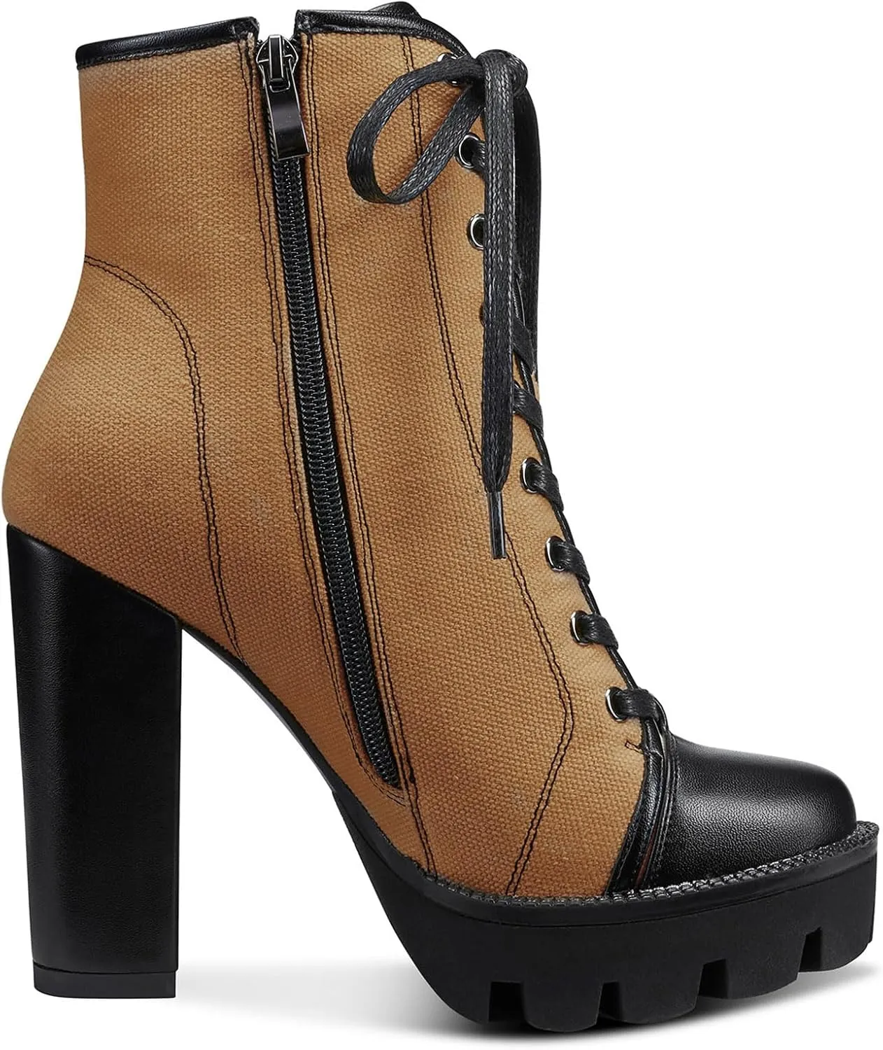 Castamere Womens High Heel Platform Lace Up Booties Chunky Heel Ankle Boots With Zipper Round Toe 12CM Heels