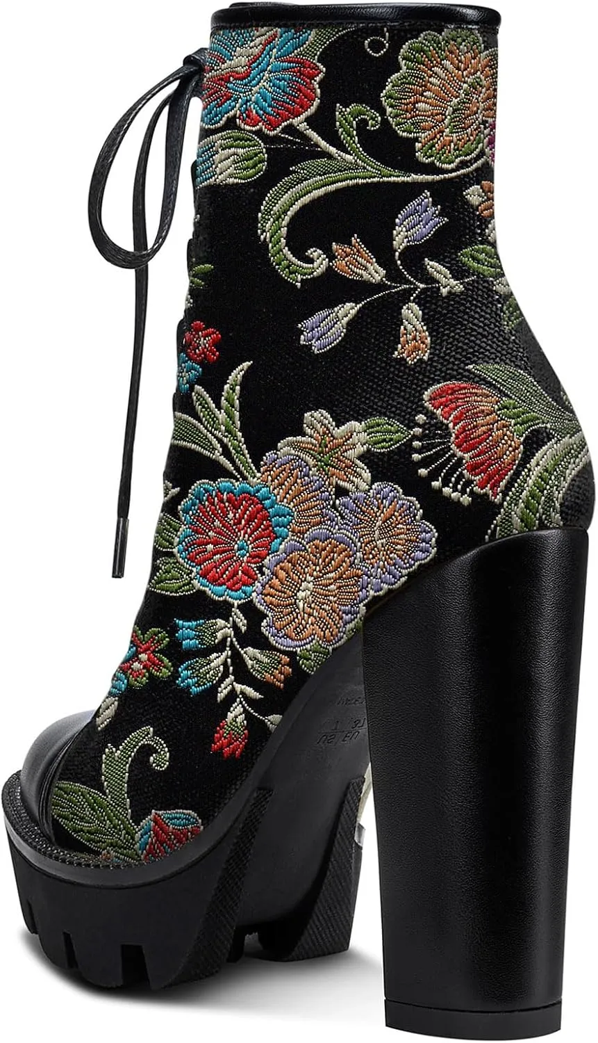 Castamere Womens High Heel Platform Lace Up Booties Chunky Heel Ankle Boots With Zipper Round Toe 12CM Heels