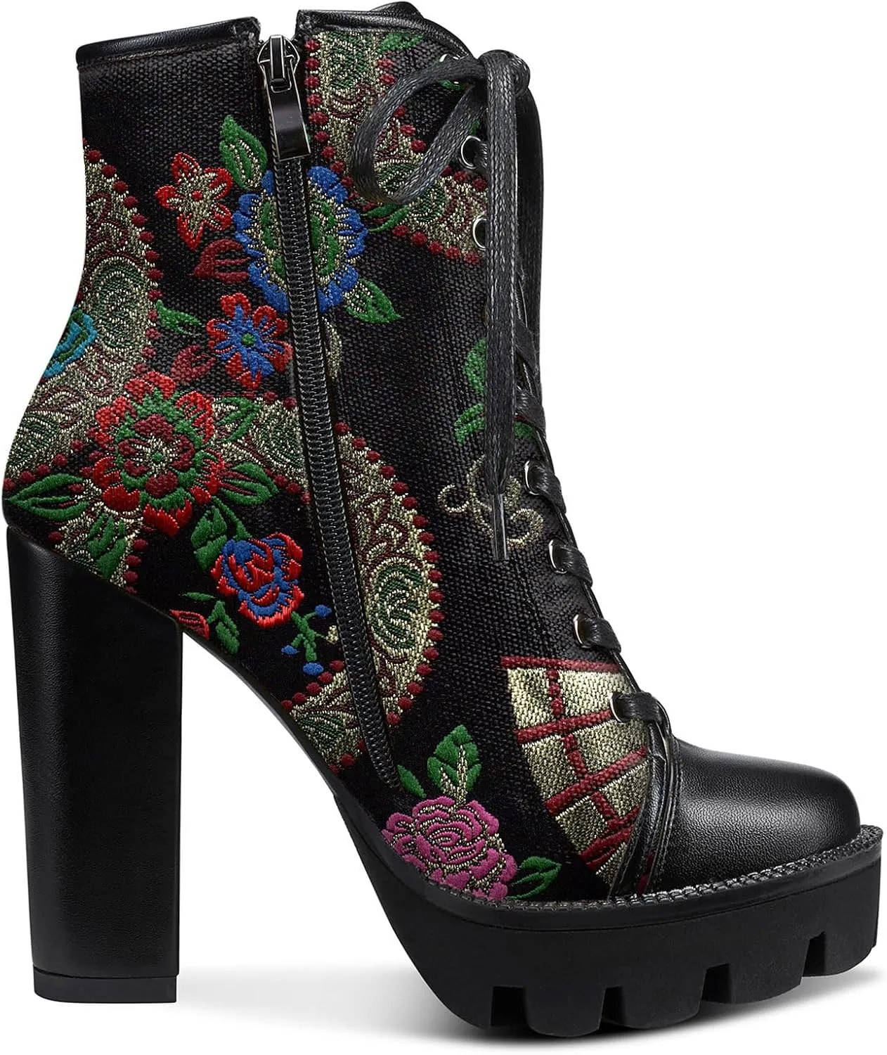 Castamere Womens High Heel Platform Lace Up Booties Chunky Heel Ankle Boots With Zipper Round Toe 12CM Heels