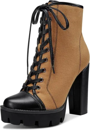 Castamere Womens High Heel Platform Lace Up Booties Chunky Heel Ankle Boots With Zipper Round Toe 12CM Heels