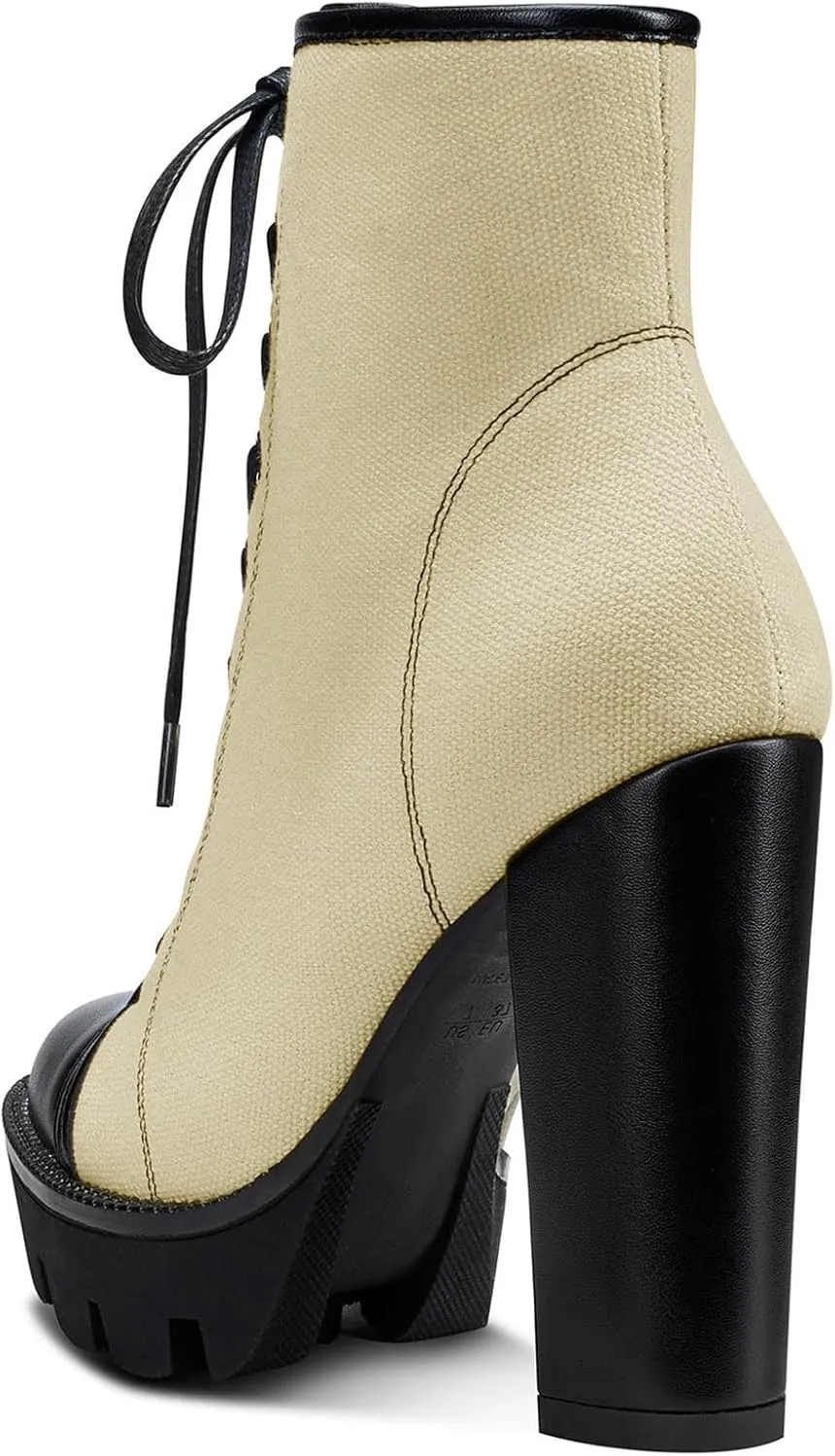Castamere Womens High Heel Platform Lace Up Booties Chunky Heel Ankle Boots With Zipper Round Toe 12CM Heels
