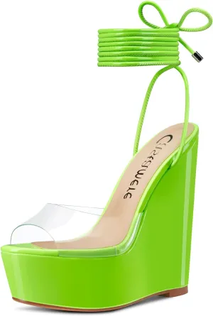 Castamere Womens High Wedge Platform Heel Peep Open Toe Ankle Strap Sandals Lace Wedding Clear Dress Shoes 5.9 Inches Heels