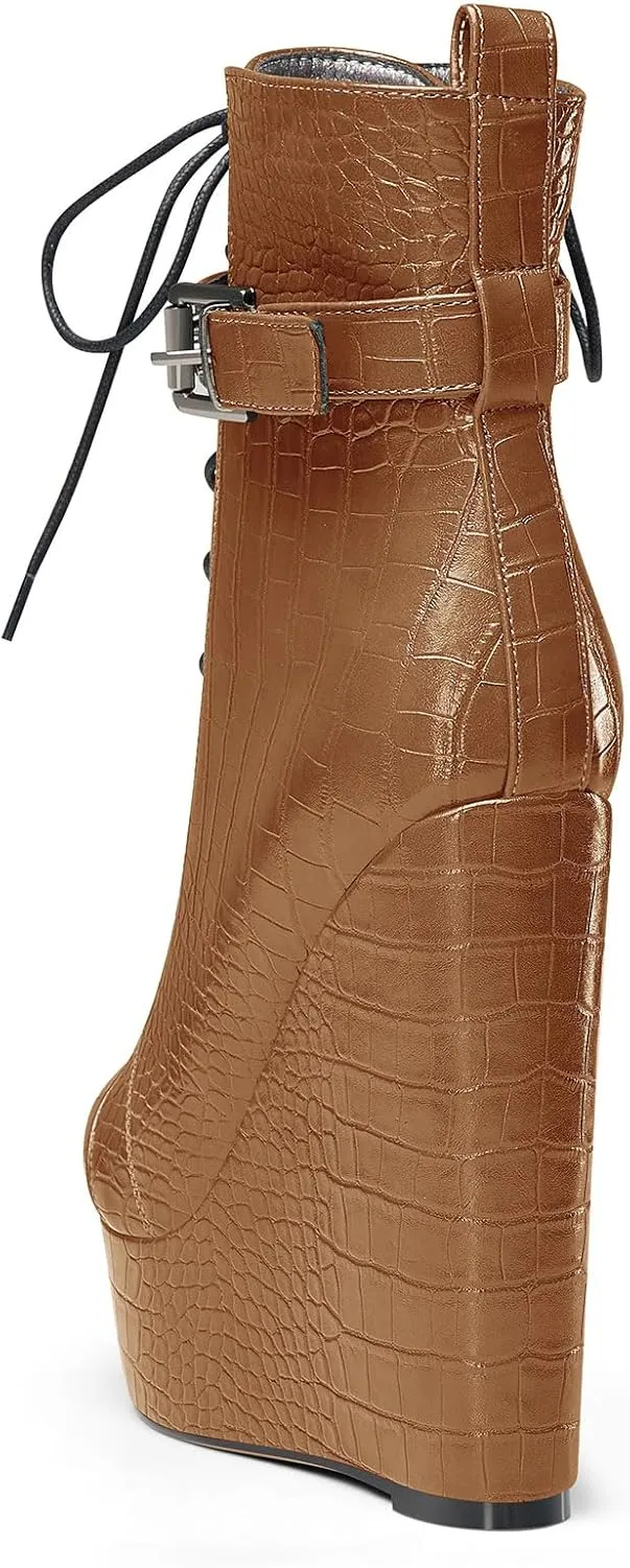 Castamere Womens High Wedge Platform Heel Round Toe Ankle Boots Short Bootie Lace-up Zipper Studded Rivets Sexy 5.9 Inches Heels