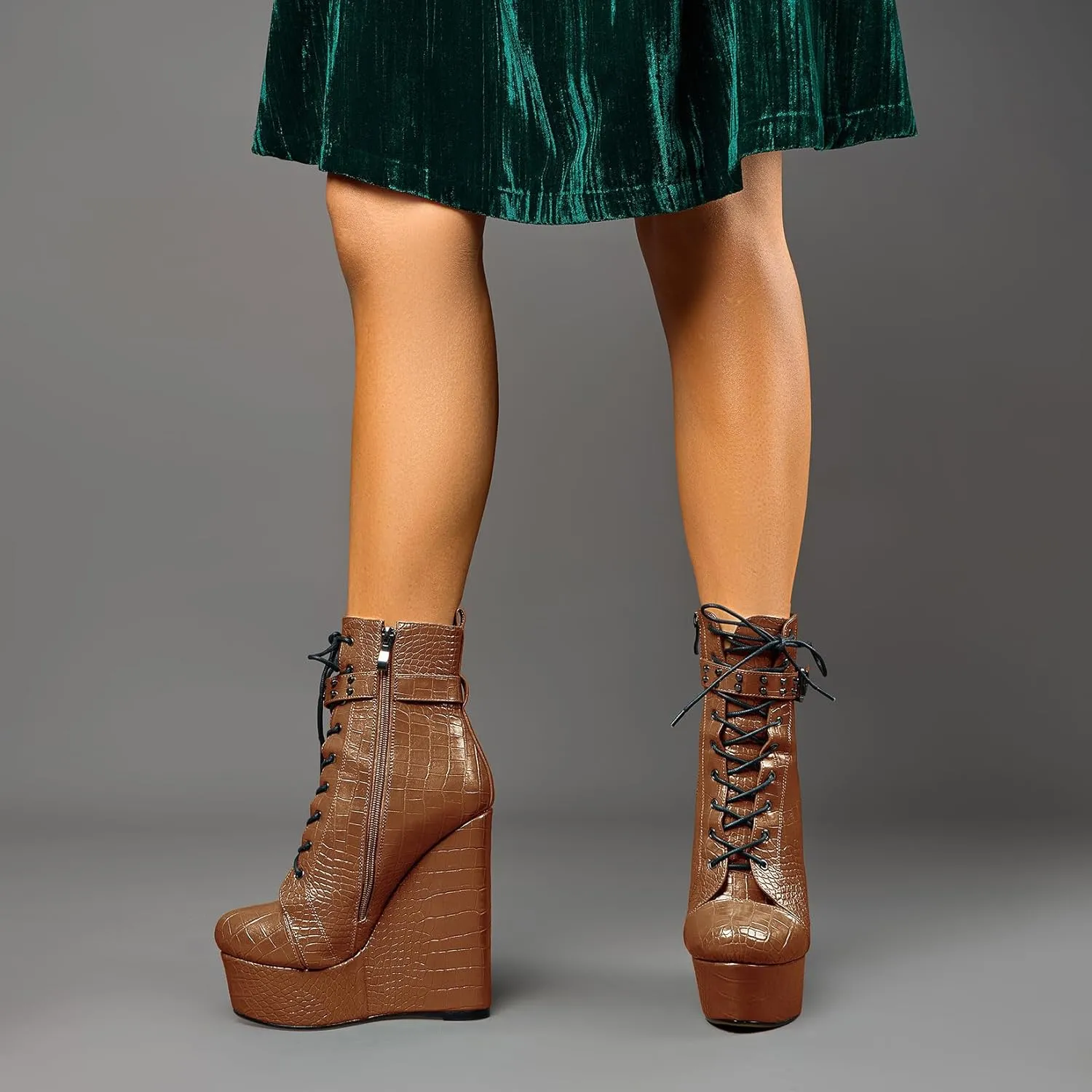 Castamere Womens High Wedge Platform Heel Round Toe Ankle Boots Short Bootie Lace-up Zipper Studded Rivets Sexy 5.9 Inches Heels