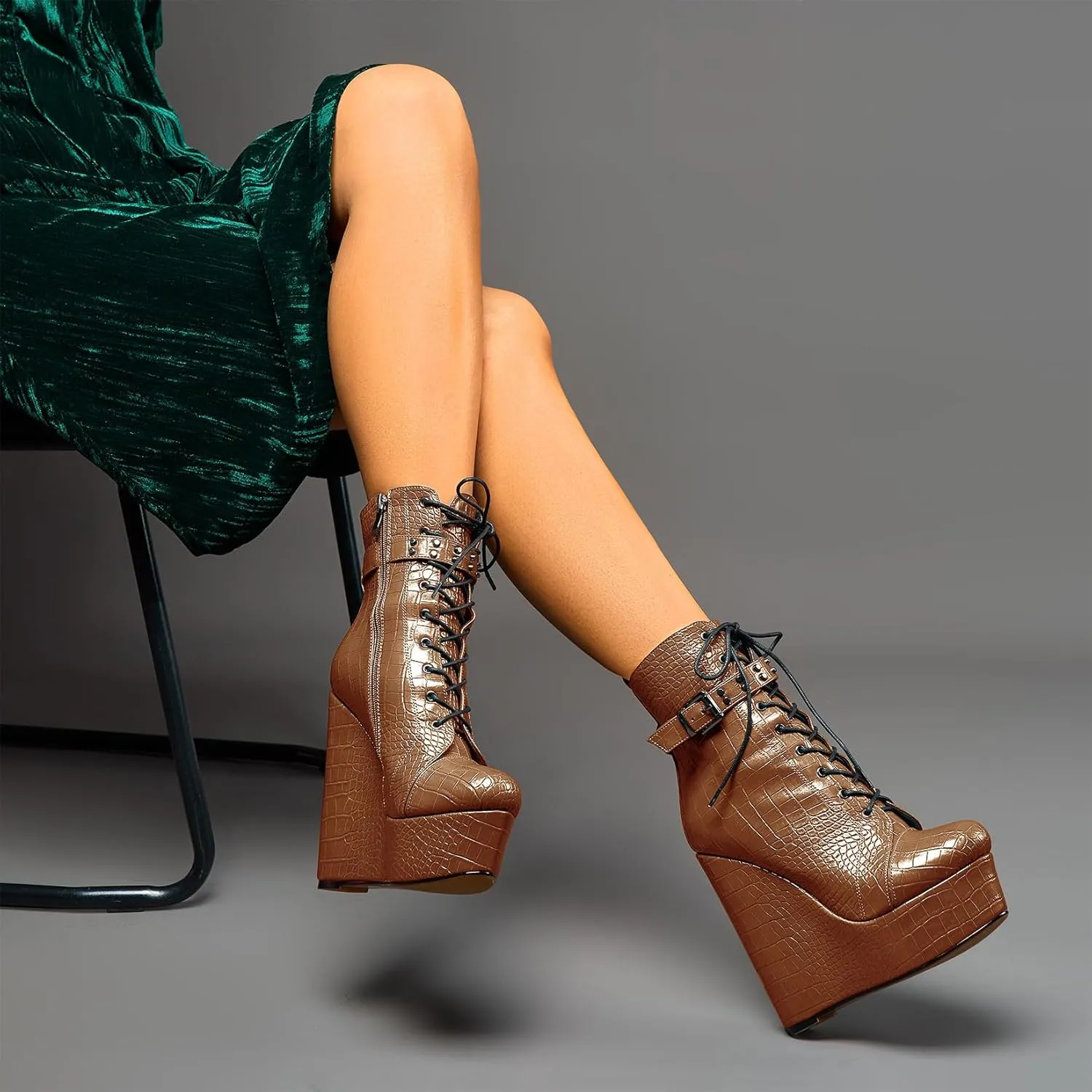 Castamere Womens High Wedge Platform Heel Round Toe Ankle Boots Short Bootie Lace-up Zipper Studded Rivets Sexy 5.9 Inches Heels