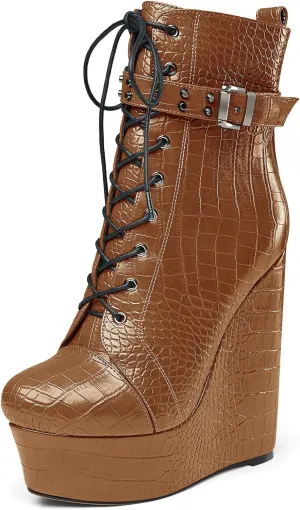 Castamere Womens High Wedge Platform Heel Round Toe Ankle Boots Short Bootie Lace-up Zipper Studded Rivets Sexy 5.9 Inches Heels