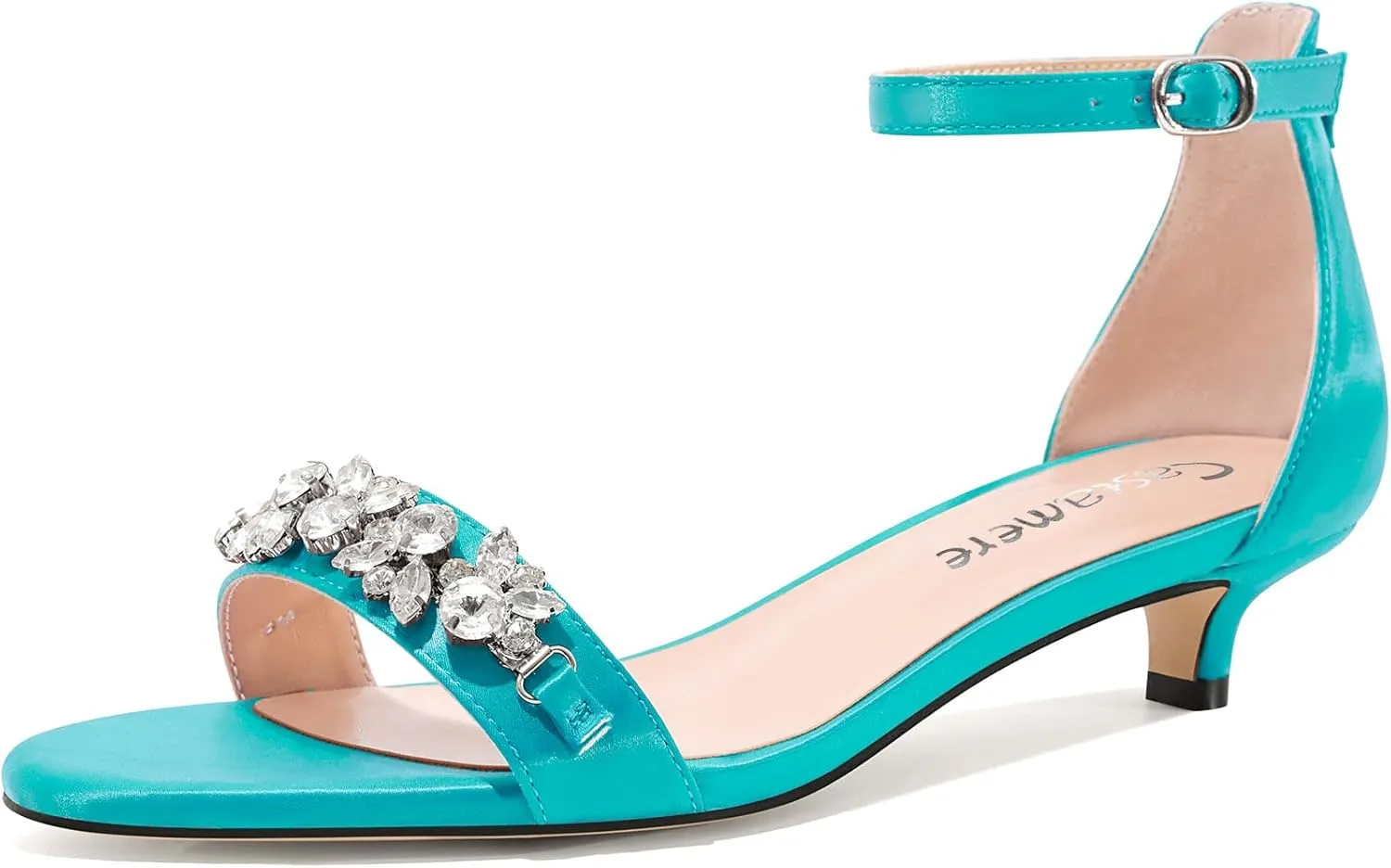 Castamere Womens Low Kitten Heel Open Toe Sandals Ankle Strap Rhinestone Crystal Wedding Dress Satin 1.2 Inches Heels