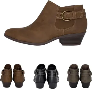 Chariot & Co: Kiki - Womens Western Chelsea Round Toe Ankle Boots - Adjustable Buckle Stacked Heel Booties