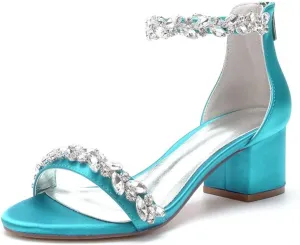 Chunky Heel Wedding Sandals Open Toe Low Block Heels Rhinestones Women Heeled Sandal