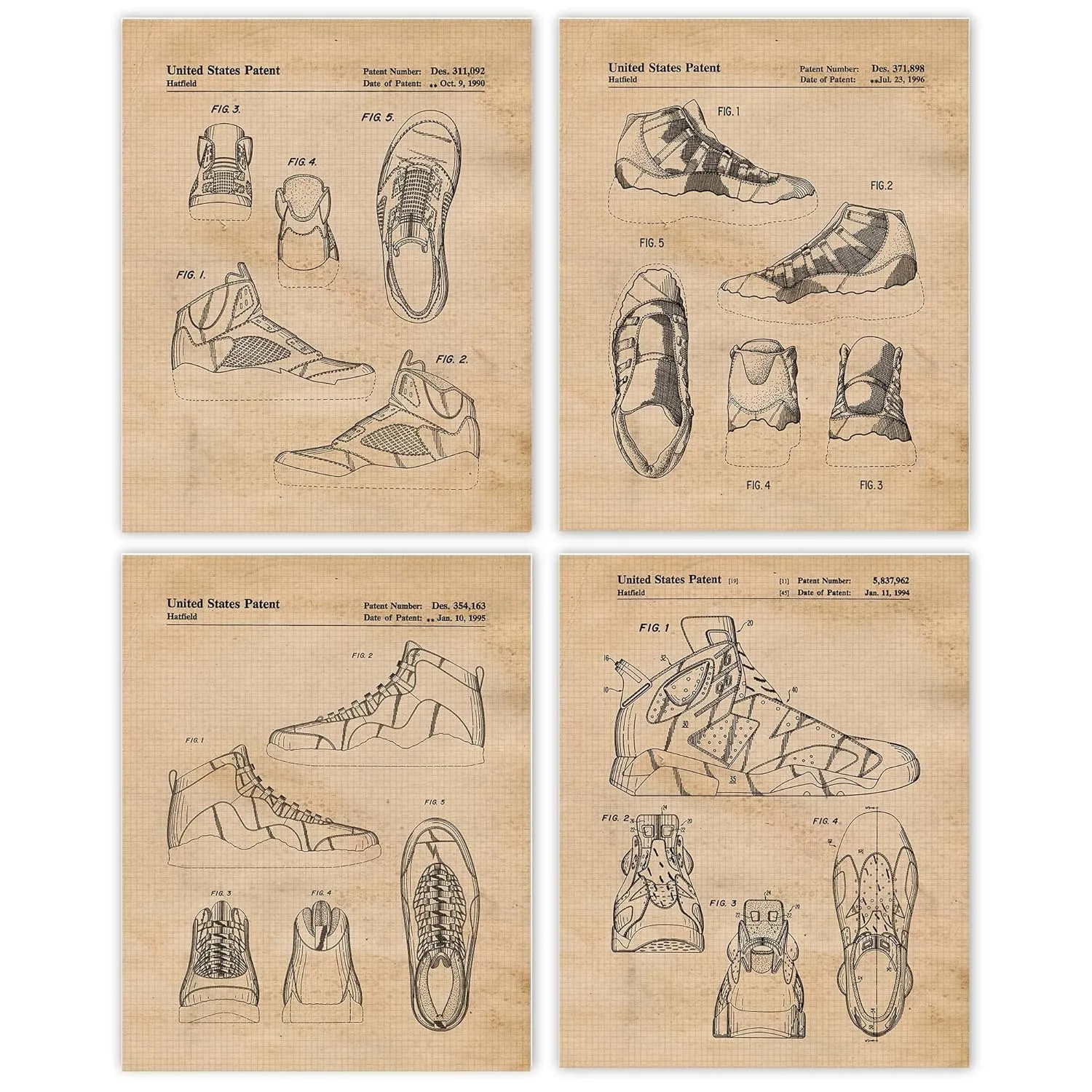 Classic AJ Shoes Patent Prints, 4 (8x10) Unframed Photos, Wall Art Decor Gift for Home Basketball Sneakers Office Studio Gears Garage School Gym College Student Teacher Coach Fitness Trainer Fan