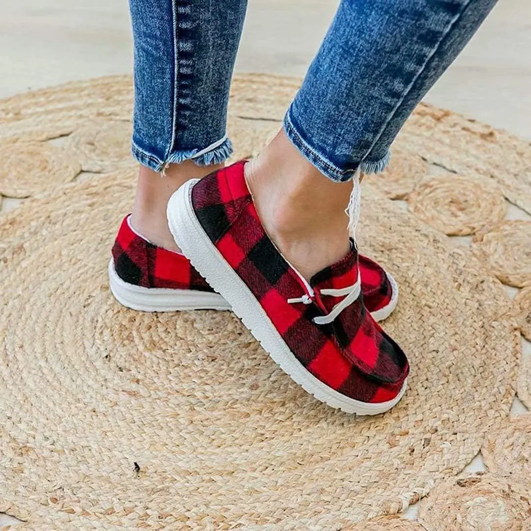 Classic Red Buffalo Plaid Flat Sole Lace up Casual Canvas Shoes Christmas Casual Sneaker Driving Loafers Nurse Shoes for Women Red and Black Plaid Sneaker Shoes