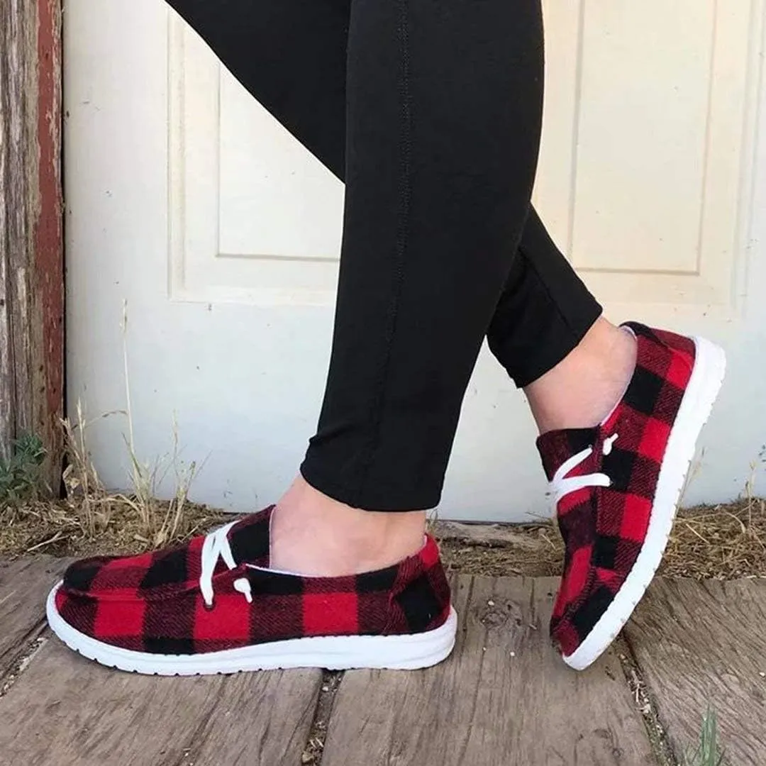 Classic Red Buffalo Plaid Flat Sole Lace up Casual Canvas Shoes Christmas Casual Sneaker Driving Loafers Nurse Shoes for Women Red and Black Plaid Sneaker Shoes