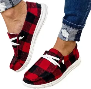 Classic Red Buffalo Plaid Flat Sole Lace up Casual Canvas Shoes Christmas Casual Sneaker Driving Loafers Nurse Shoes for Women Red and Black Plaid Sneaker Shoes