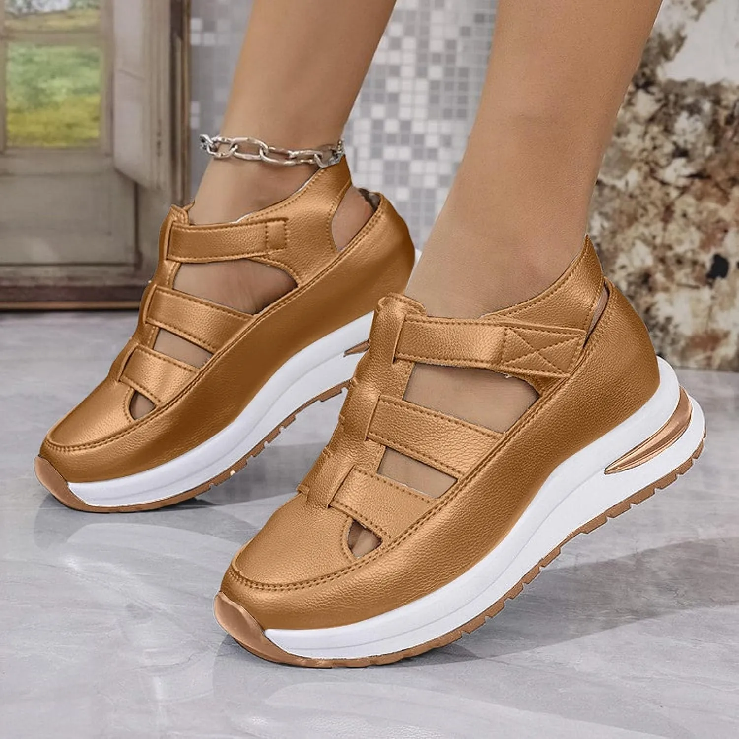 Closed Toe Hollow-Out Sandals for Women Plus Size Platform Wedge Sandals Casual Buckle Ankle Strap Shoes Summer Comfortable Weaving Shoes Height-Boosting Thick Sole Shoe