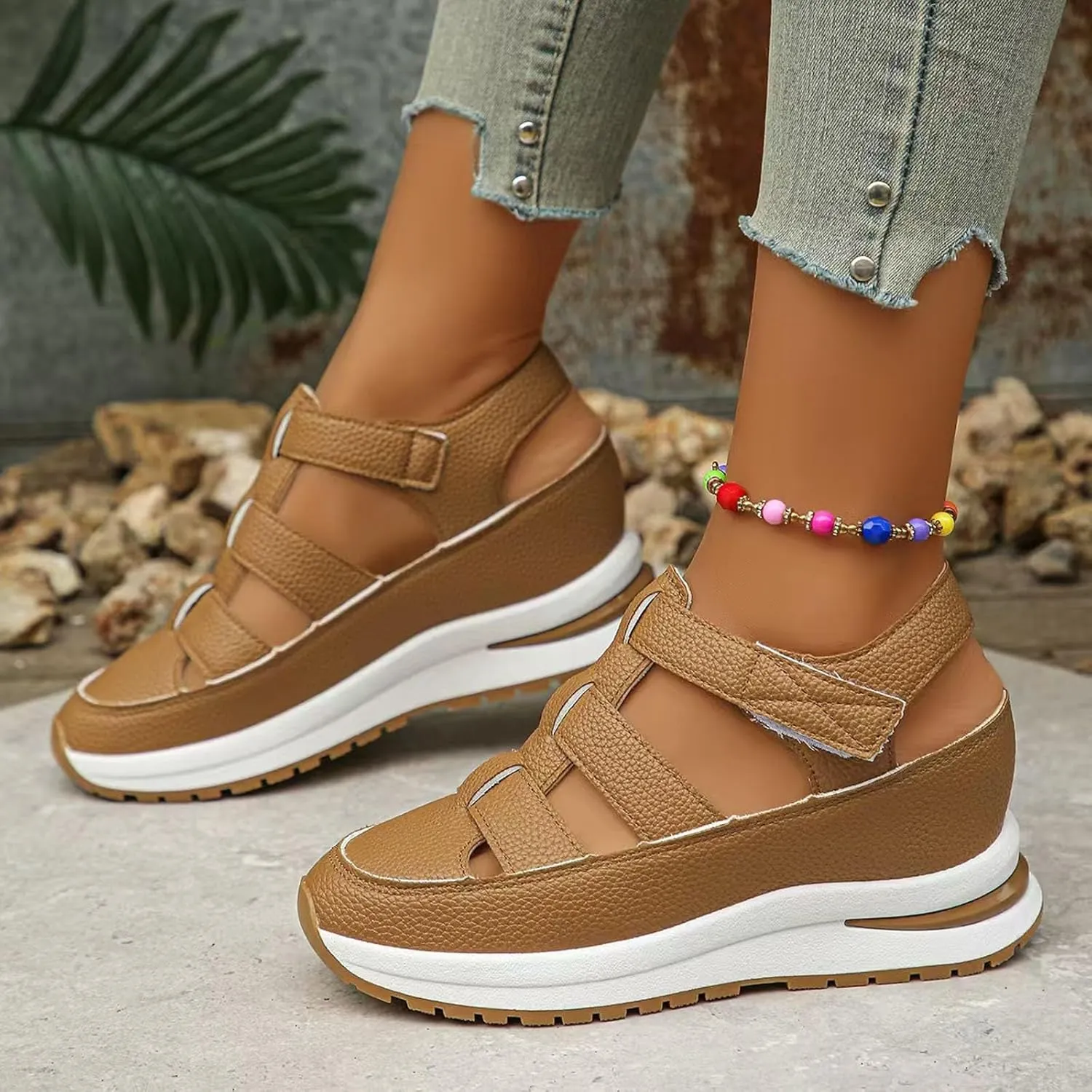 Closed Toe Hollow-Out Sandals for Women Plus Size Platform Wedge Sandals Casual Buckle Ankle Strap Shoes Summer Comfortable Weaving Shoes Height-Boosting Thick Sole Shoe