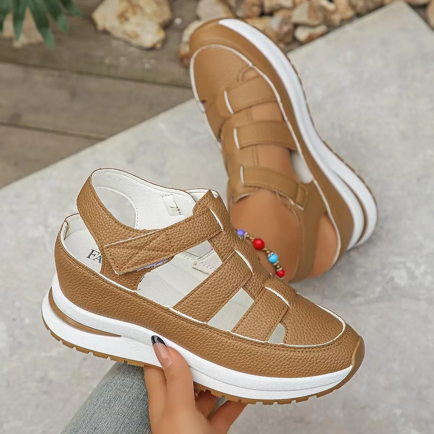 Closed Toe Hollow-Out Sandals for Women Plus Size Platform Wedge Sandals Casual Buckle Ankle Strap Shoes Summer Comfortable Weaving Shoes Height-Boosting Thick Sole Shoe