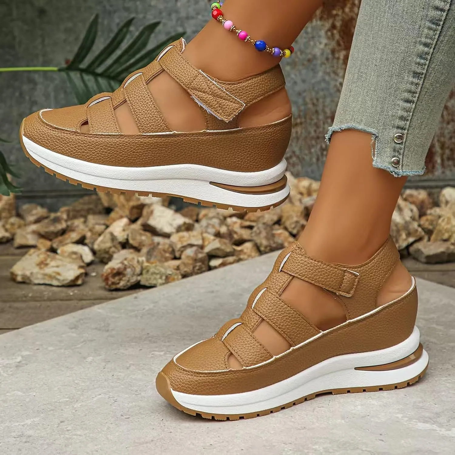 Closed Toe Hollow-Out Sandals for Women Plus Size Platform Wedge Sandals Casual Buckle Ankle Strap Shoes Summer Comfortable Weaving Shoes Height-Boosting Thick Sole Shoe