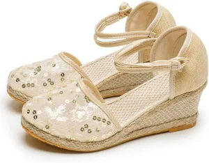 Closed Toe Sandals Women 2025 Women's Espadrilles Low Wedge Heel Sandals Ankle Strap Espadrille Wedge Sandals Dressy Casual Summer Comfortable Canvas Platform Wedge Shoes