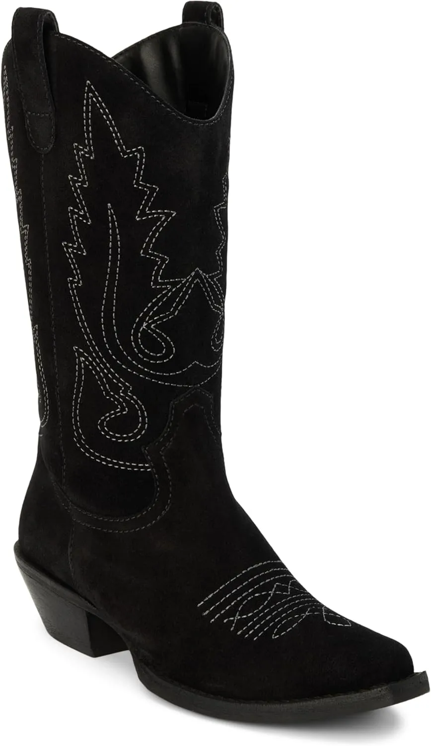 Coconuts by Matisse Womens Gaucho Embroidered Snip Toe Casual Boots Mid Calf Low Heel 1-2" - Black