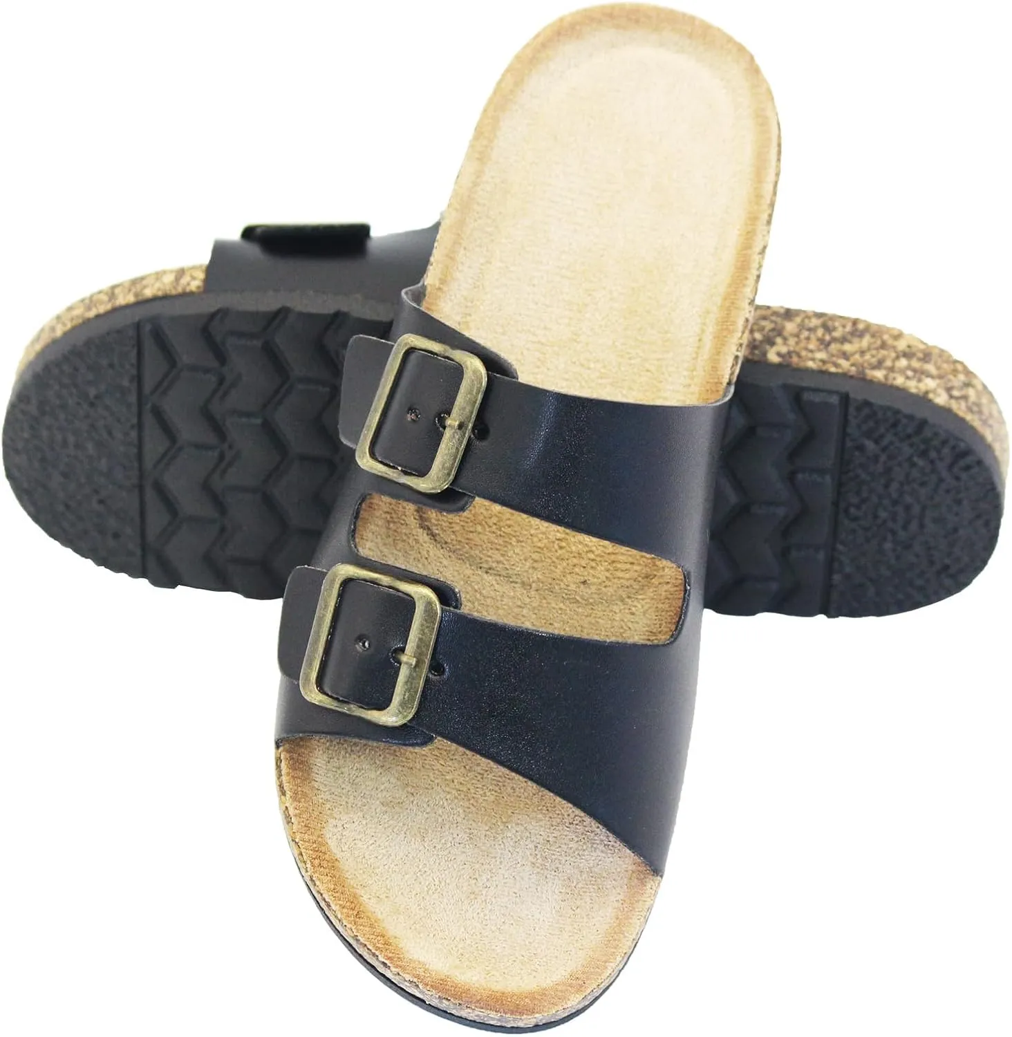 Cork Footbed Flat Slide Sandals for Women, Ladies Leather Slippers, Adjustable Buckle Memory Foam Beach Essentials Fashion Sandals Vacation Shoes Stylish Casual Footwear